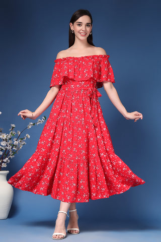 Off-Shoulder Cotton Maternity Feeding Dress Front View - Red Cotton Maternity Dress with Feeding Zips & Pockets