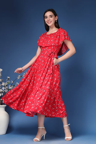 Stylish Red Maternity Wear - Off-Shoulder Cotton Maternity Feeding Dress for New Moms