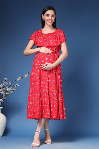 Back View of Off-Shoulder Cotton Maternity Feeding Dress - Flattering Silhouette for Pregnancy