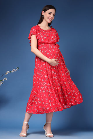 Detail of Hidden Feeding Zips & Pockets on Off-Shoulder Cotton Maternity Feeding Dress for Breastfeeding