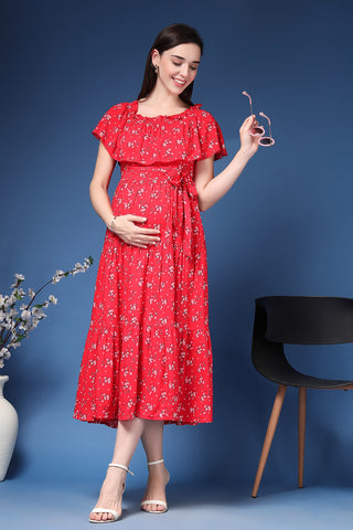 Studio Shot of Off-Shoulder Cotton Maternity Feeding Dress showing Cotton Design Quality