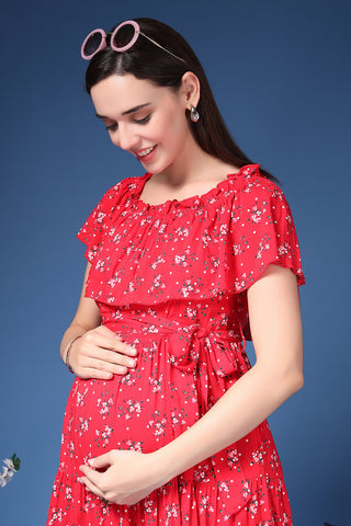 Elegant Red Look of Off-Shoulder Cotton Maternity Feeding Dress - Perfect for Any Occasion
