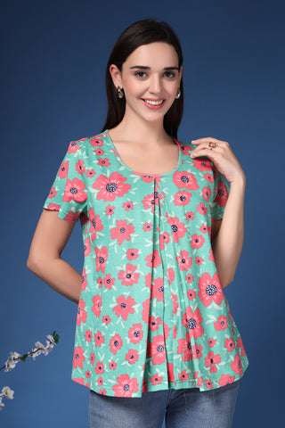 Green Floral V Pleated Top; print offers stylish fit and comfort for daily wear.