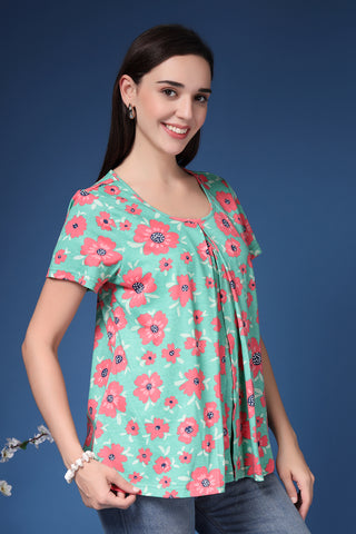Green Floral V Pleated Top; pleats provide shape and room for a growing belly.