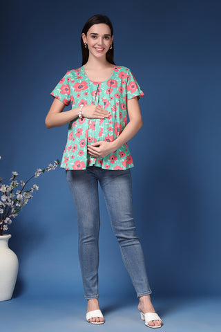 Green Floral Top sleeves; sleeves offer coverage and relaxed fit.