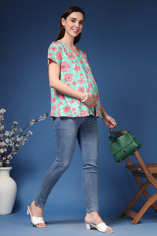 Green Floral V Pleated Top; fit is suitable for wear during pregnancy and nursing.