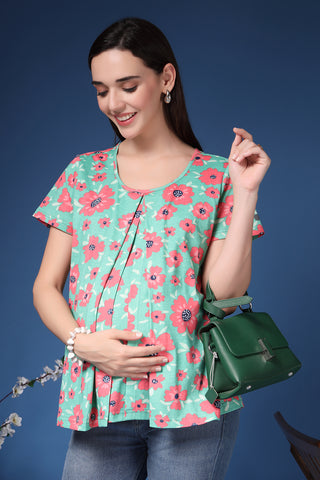 Green Floral Feeding Top; stretch V neck allows fast breastfeeding access.