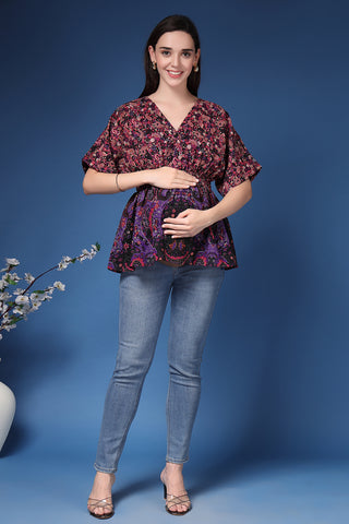 Detail shot of Polyester fabric; shows stretch and multicolor color/print.