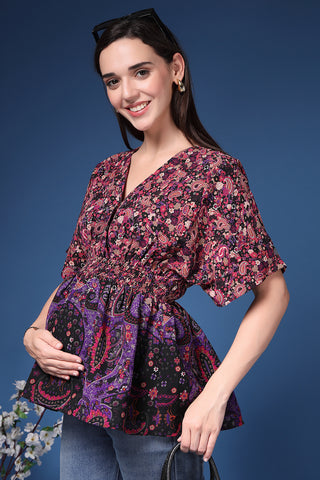 New mom wearing multicolor Maternity Tops; shows flattering post-delivery fit and Zipless.