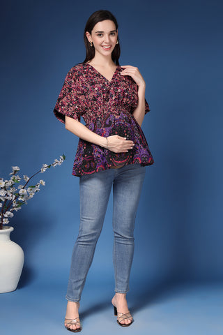 Side or angle view of Floral Short Top with Zipless Feeding showing the Maternity Tops silhouette and fit.