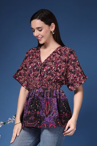 Close-up texture of Floral Short Top with Zipless Feeding in multicolor, showing the soft Polyester fabric.