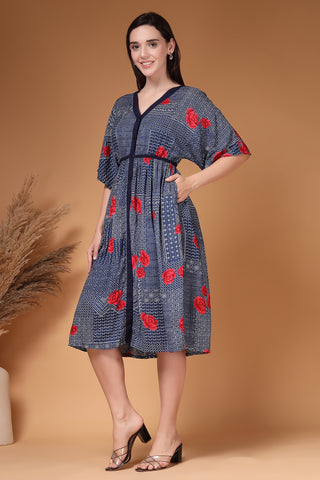 Stylish Navy Maternity Wear - Floral Printed Rayon Zipless Feeding Maternity Dress for New Moms