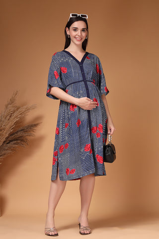 Soft Rayon Texture of Floral Printed Rayon Zipless Feeding Maternity Dress - Breathable & Comfy