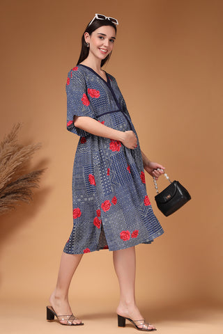 Detail of Hidden Feeding Zips & Pockets on Floral Printed Rayon Zipless Feeding Maternity Dress for Breastfeeding