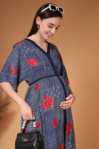 Woman wearing Floral Printed Rayon Zipless Feeding Maternity Dress in Navy - Pre & Post Pregnancy