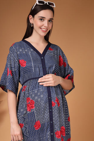 Back View of Floral Printed Rayon Zipless Feeding Maternity Dress - Flattering Silhouette for Pregnancy