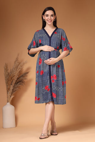 Elegant Navy Look of Floral Printed Rayon Zipless Feeding Maternity Dress - Perfect for Any Occasion