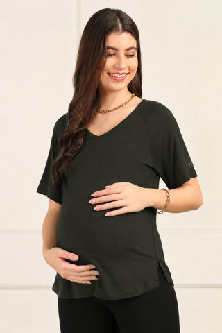 Olive Solid Nursing Top with Side Zip Access