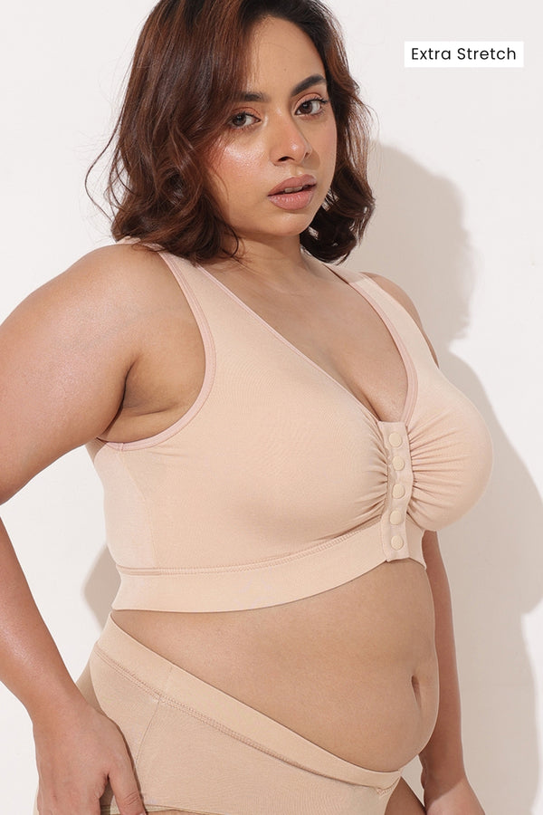Ruched Modal Front-Open Bra with G-Hook - Nude Almond