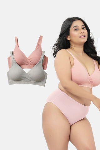 Zena Fine-Rib Bra Pack of 2 - (Rose Gold & Grey Melange)