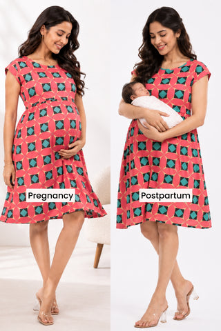 Red Geometric Print Maternity Zipless Feeding Dress