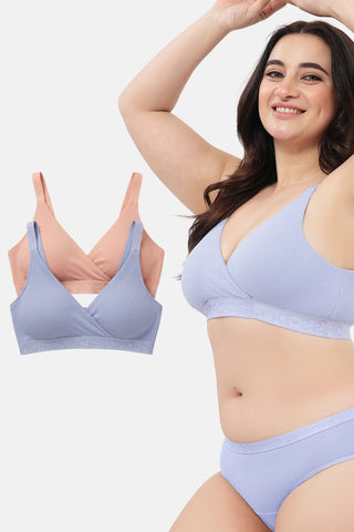 Zena Fine-Rib Bra Pack of 2 - M-Blue & Rose Gold