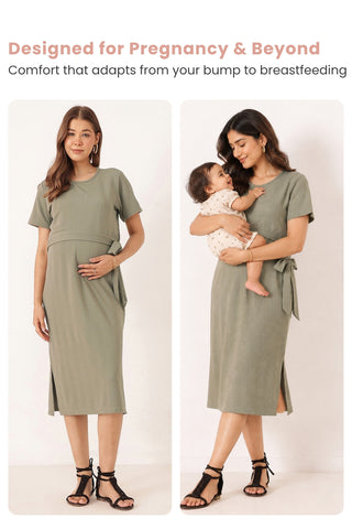 Signature Jacquard Rib Zipless Feeding Dress - Matcha