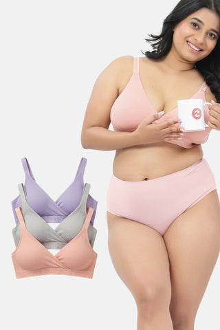 Zena Fine-Rib Bra Pack of 3 - ( Rose Gold, Lavender & Grey Melange )