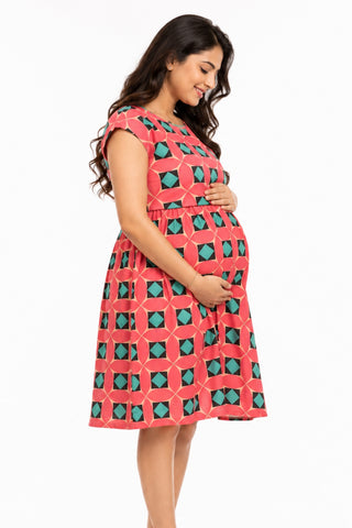 Red Geometric Print Maternity Zipless Feeding Dress