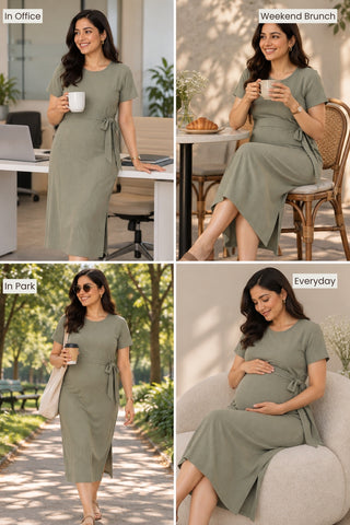 Signature Jacquard Rib Zipless Feeding Dress - Matcha