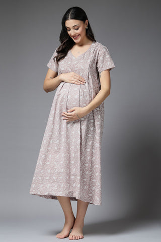 Pure Cotton Beige Maternity Feeding Nighty