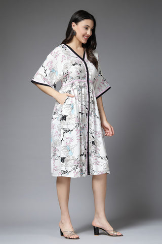 White All Over Printed 100% Rayon Zipless Maternity Dress