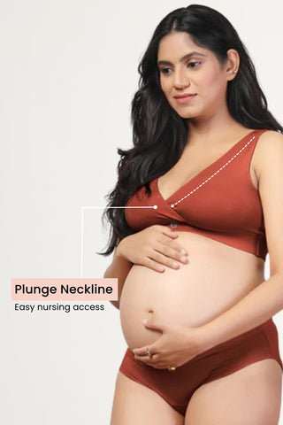 Rust Feeding Bra; generous stretch prevents compression on the milk ducts.