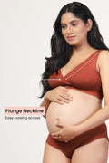 Rust Feeding Bra; generous stretch prevents compression on the milk ducts.