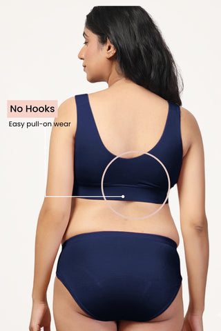 Navy Padded Bra detail; fabric blend retains color intensity after multiple washes.