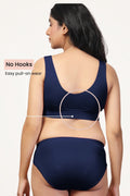Navy Padded Bra detail; fabric blend retains color intensity after multiple washes.