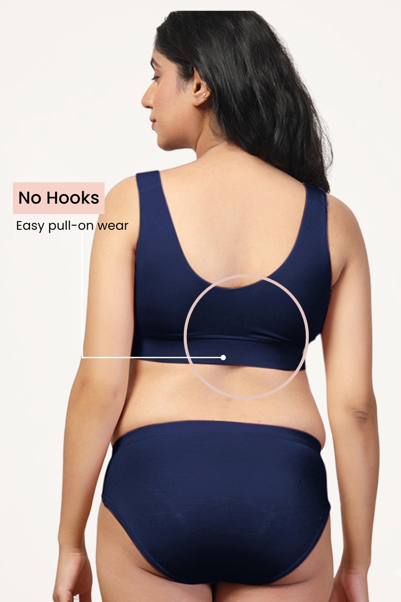 Navy Padded Bra detail; fabric blend retains color intensity after multiple washes.