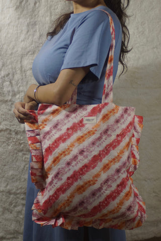 Handcrafted 100% Cotton Tote Bag with Ruffled Edges - Peach Red