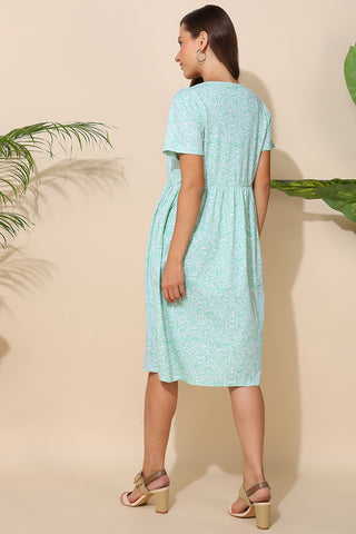 Green All Over Printed 100% Soft Cotton Zipless Maternity Feeding Dress