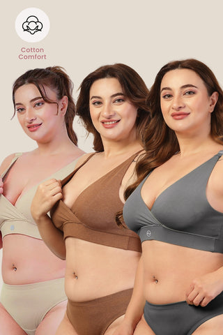 247 Pack Of 3 Extra Support Cotton Feeding Bra with Adjuster - (Dark Grey, Brown, Beige)