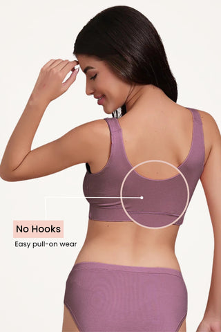 Lilac Padded Bra detail; Modal blend fabric maintains shape after washing cycles.