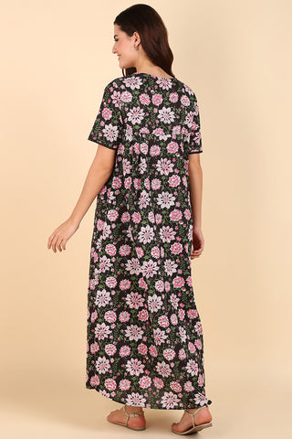 Black Floral Printed 100% Soft Cotton Zipless Maternity Maxi