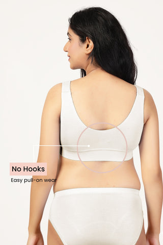 Off White Padded Bra detail; Modal fabric resists pilling for lasting softness.