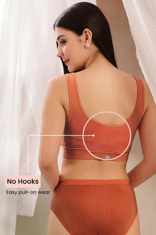 Rust Maternity Bra ruche; center gathering allows expansion for breast growth.