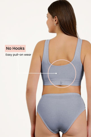 M-Blue Maternity Bra ruche; center gathering adapts to increasing cup volume.