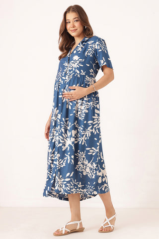 Floral Printed Zipless Feeding Dress - Blue
