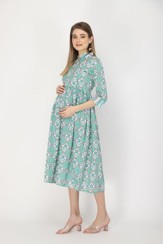 Back view of the Teal and white feeding & maternity Kurtis Kurti, showcasing the flowing long-sleeve kurti.