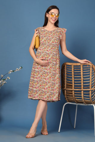 Soft Soft Texture of Ditsy Yellow Floral Bloom Zip Feeding Dress - Breathable & Comfy