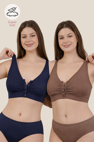 Ruched Pack of 2 Modal Front-Open Bra - (Navy, Brown)