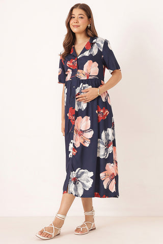 Floral Printed Blue Zipless Feeding Dress